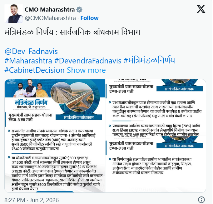 मुख्यमंत्री ग्राम सडक योजनेंतर्गत ग्रामीण रस्ते जोडणी